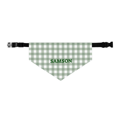 Green gingham personalized pet bandana collar with adjustable strap, perfect for dogs or cats.