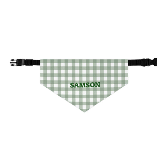 Green gingham personalized pet bandana collar with adjustable strap, perfect for dogs or cats.