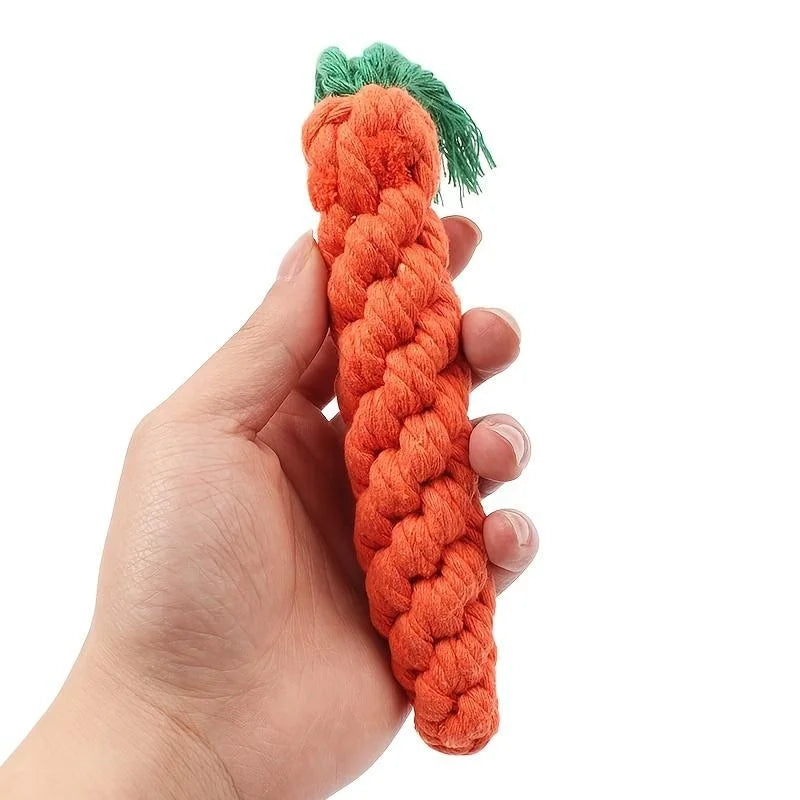 Carrot-shaped cotton rope pet toy for dogs and cats, ideal for indoor play and chewing, from Fetch & Feature.