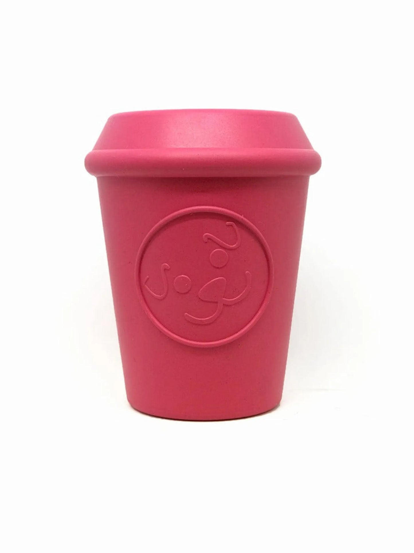 SodaPup dog toy, durable rubber coffee cup-shaped chew toy with treat dispenser for dogs, designed for interactive play and mental stimulation.