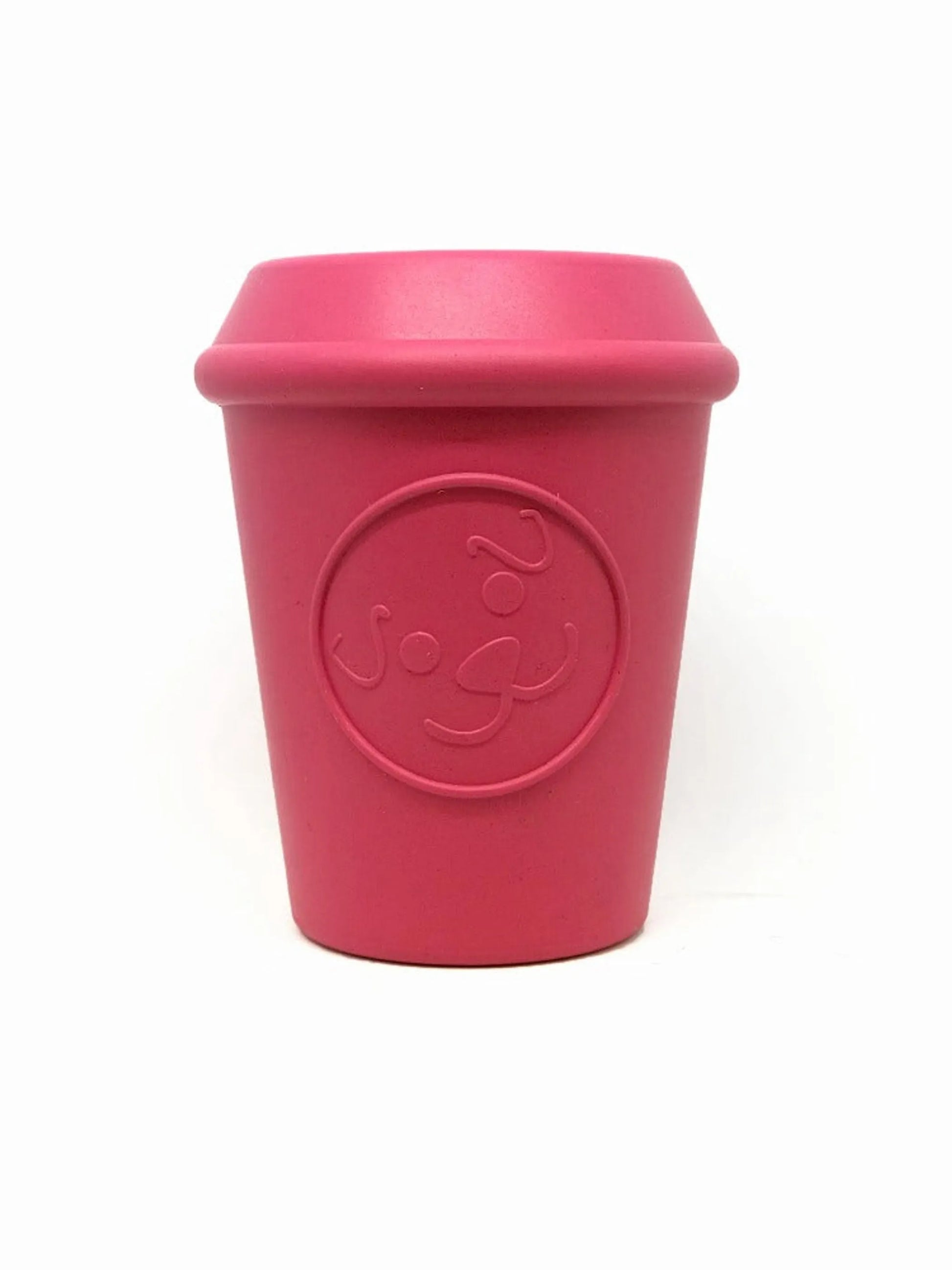 SodaPup dog toy, durable rubber coffee cup-shaped chew toy with treat dispenser for dogs, designed for interactive play and mental stimulation.
