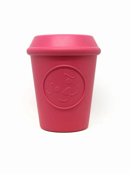 SodaPup dog toy, durable rubber coffee cup-shaped chew toy with treat dispenser for dogs, designed for interactive play and mental stimulation.