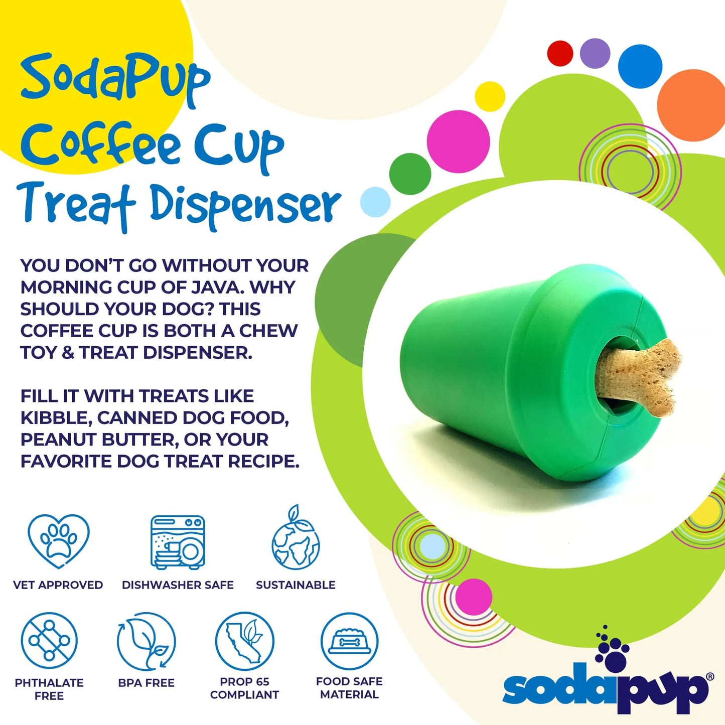 SodaPup durable rubber coffee cup-shaped dog toy with treat dispenser and chew toy for interactive play and mental stimulation