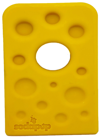 Durable nylon dog chew toy from SodaPup, designed for aggressive chewers, shaped like a Swiss cheese wedge for dogs.