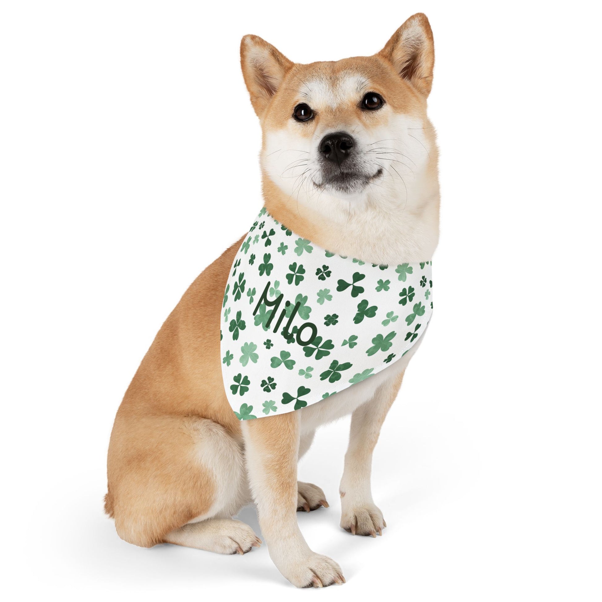 Personalized pet bandana collar in lucky green with custom name, designed for dogs and cats, from Printify.