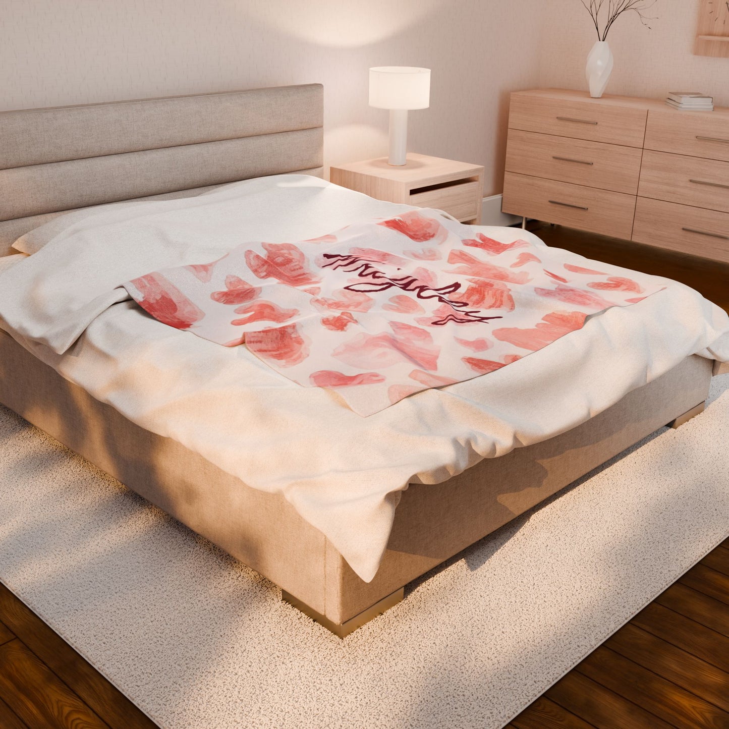 Personalized plush blanket with heart all-over print, soft and cozy, featuring a romantic heart design on the fabric.