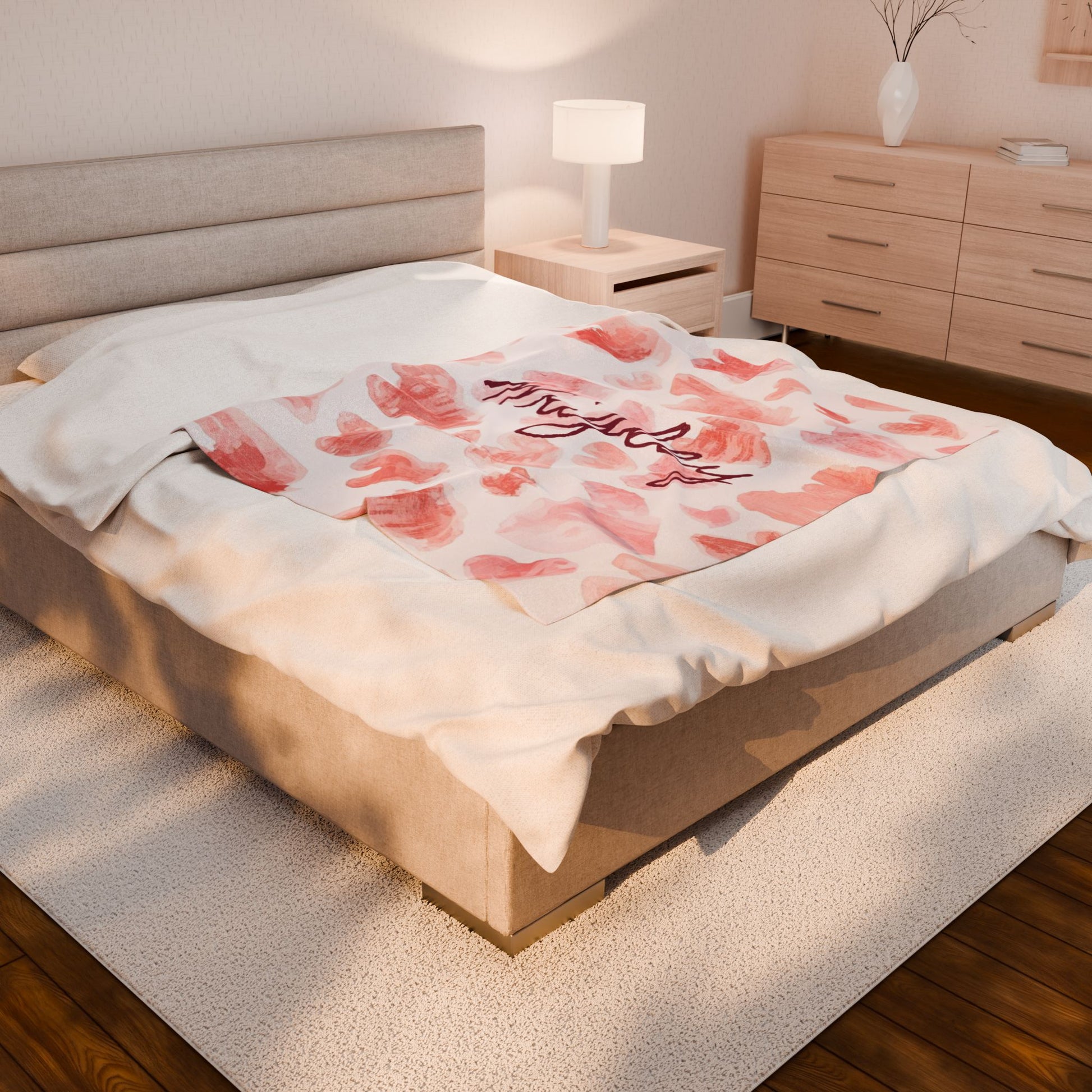 Personalized plush blanket with heart all-over print, soft and cozy, featuring a romantic heart design on the fabric.