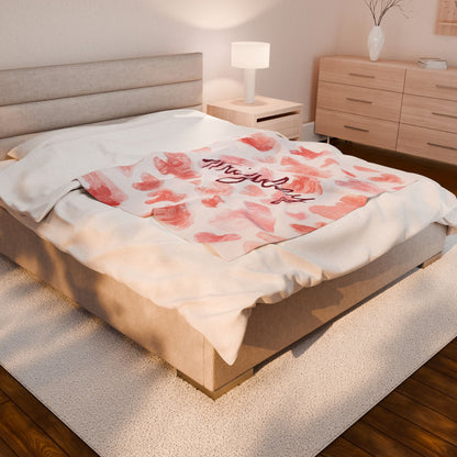 Personalized plush blanket with heart all-over print, soft and cozy, featuring a romantic heart design on the fabric.