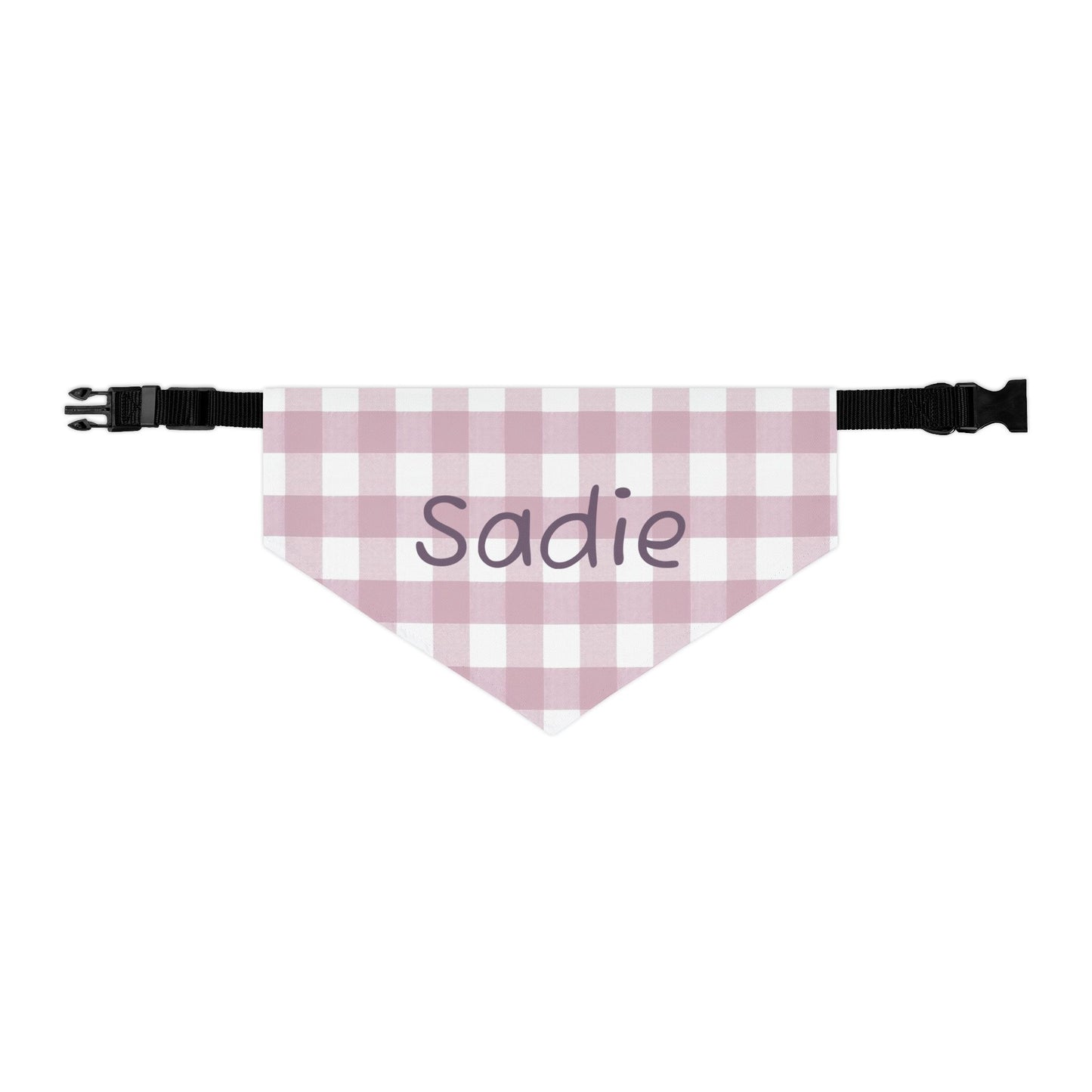 Personalized pink gingham pet bandana collar with custom name tag, made for small to medium dogs or cats.