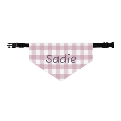 Personalized pink gingham pet bandana collar with custom name tag, made for small to medium dogs or cats.