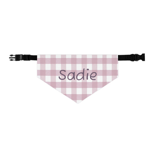 Personalized pink gingham pet bandana collar with custom name tag, made for small to medium dogs or cats.