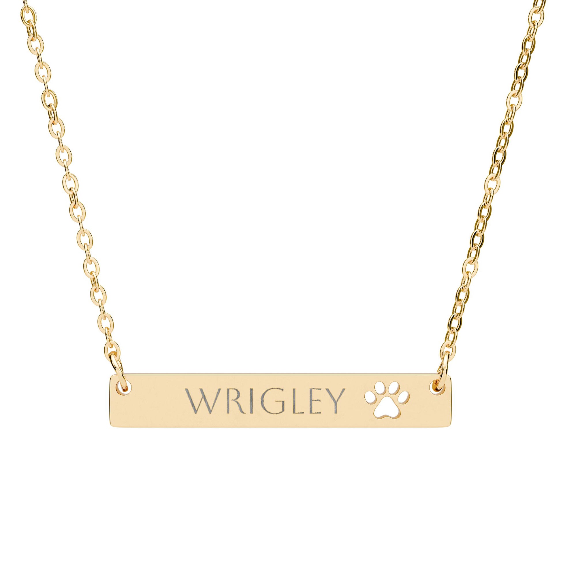 Personalized paw cutout bar necklace with engraved pet name, stylish pet jewelry accessory by Printify featuring a silver tone finish.