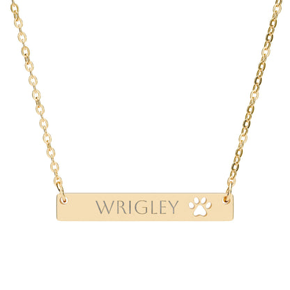 Personalized paw cutout bar necklace with engraved pet name, stylish pet jewelry accessory by Printify featuring a silver tone finish.