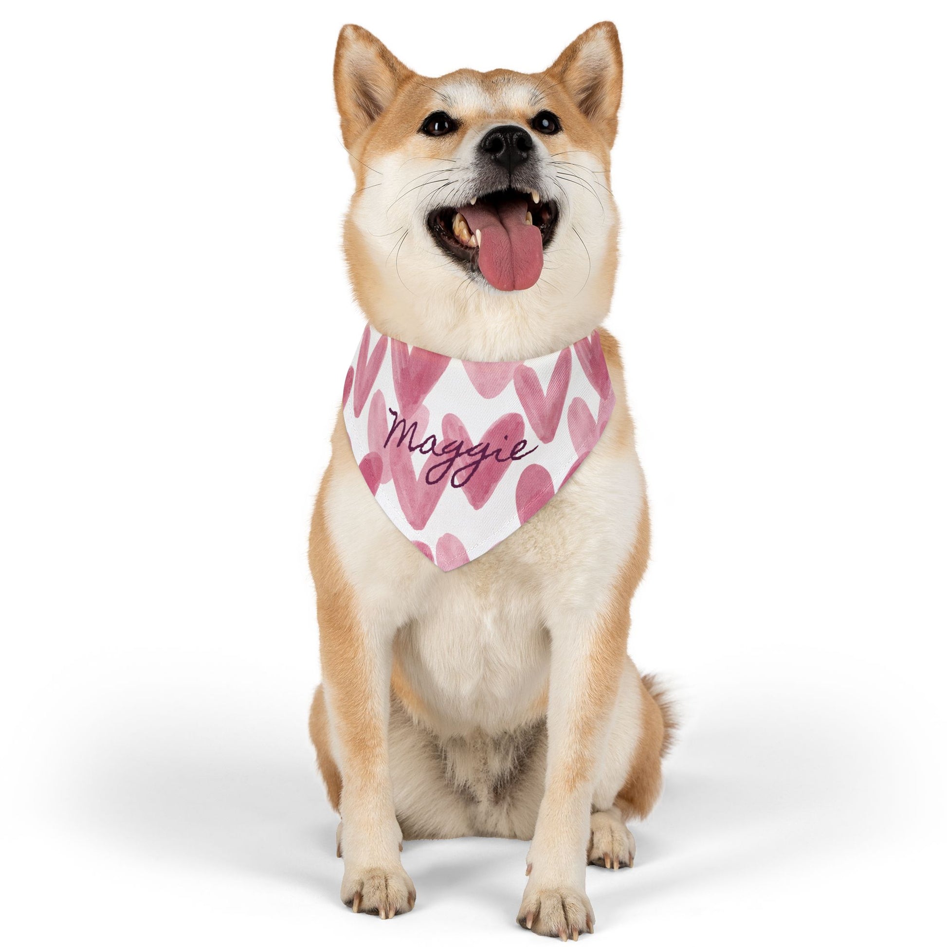 Personalized pet bandana collar with watercolor hearts design, suitable for dogs or cats, featuring adjustable fit and colorful pattern.