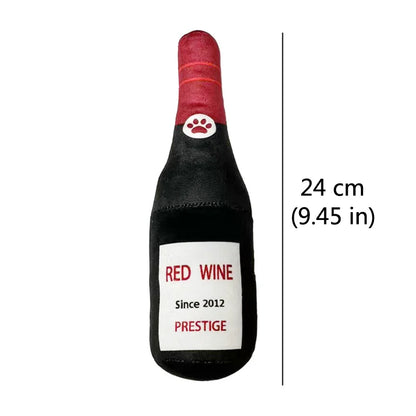 Fetch & Feature plush dog toy shaped like a beer bottle with squeak sound for small and large dogs, designed for chewing and interactive play.