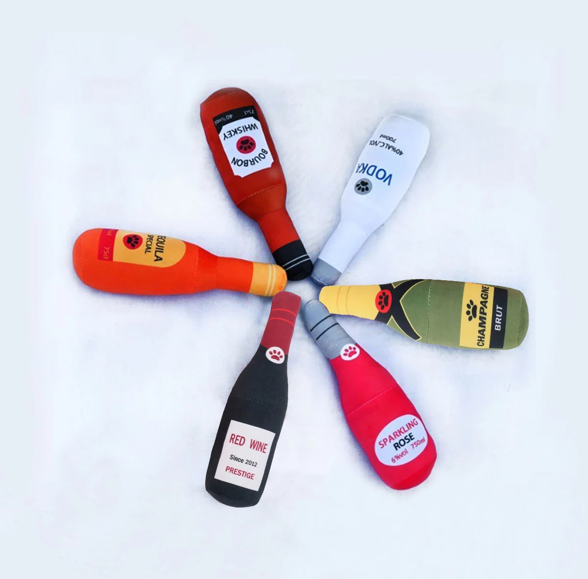 Soft plush alcohol bottle-shaped dog chew toy with sound from Fetch & Feature, designed for pet entertainment and play.