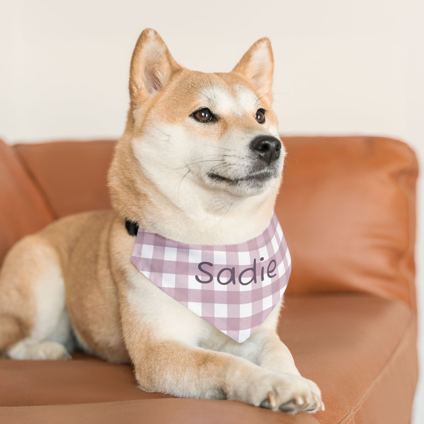 Pink gingham print personalized pet bandana collar for dogs, showcasing a stylish accessory from Printify.