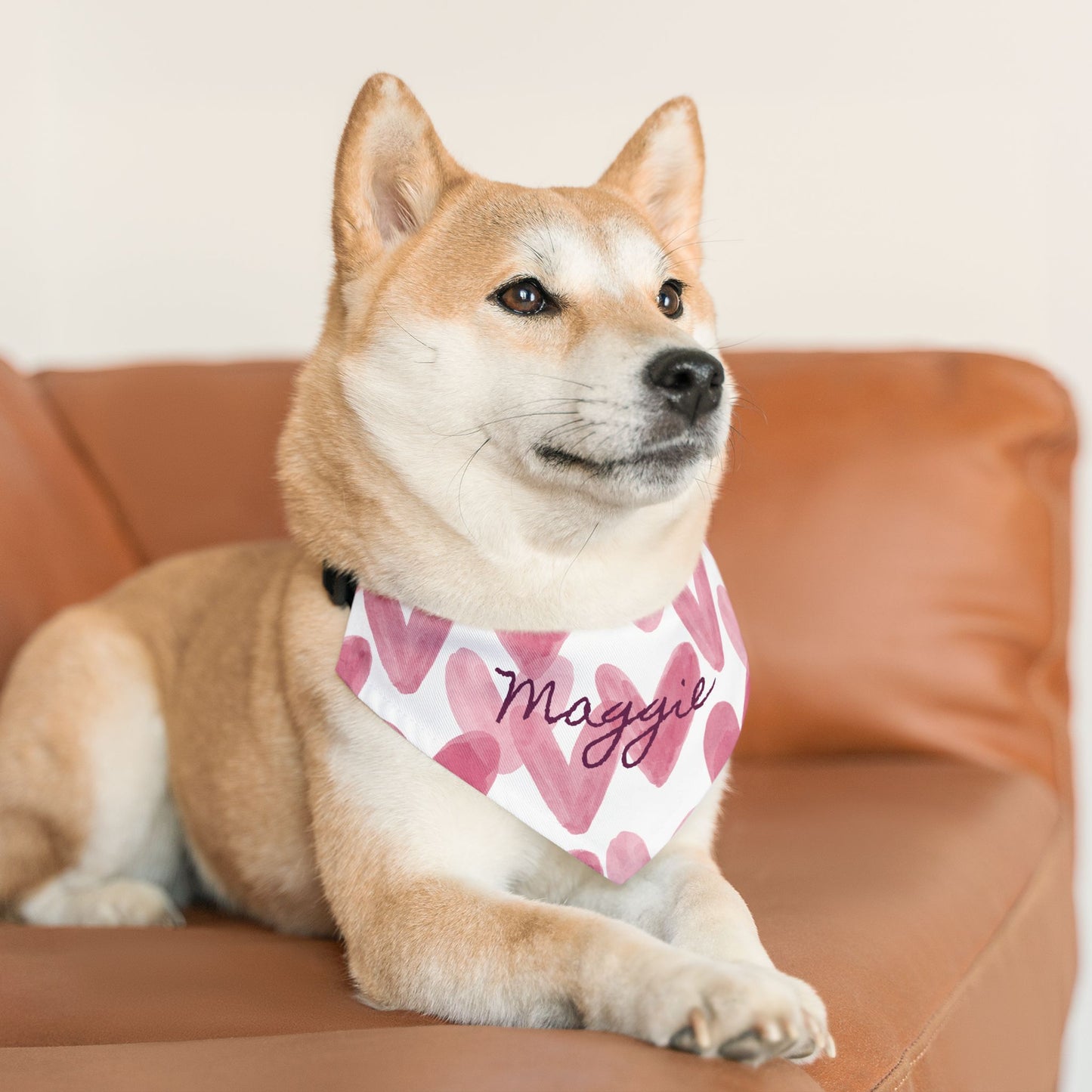 Personalized pet bandana collar with watercolor hearts design, featuring adjustable fit for dogs and cats.