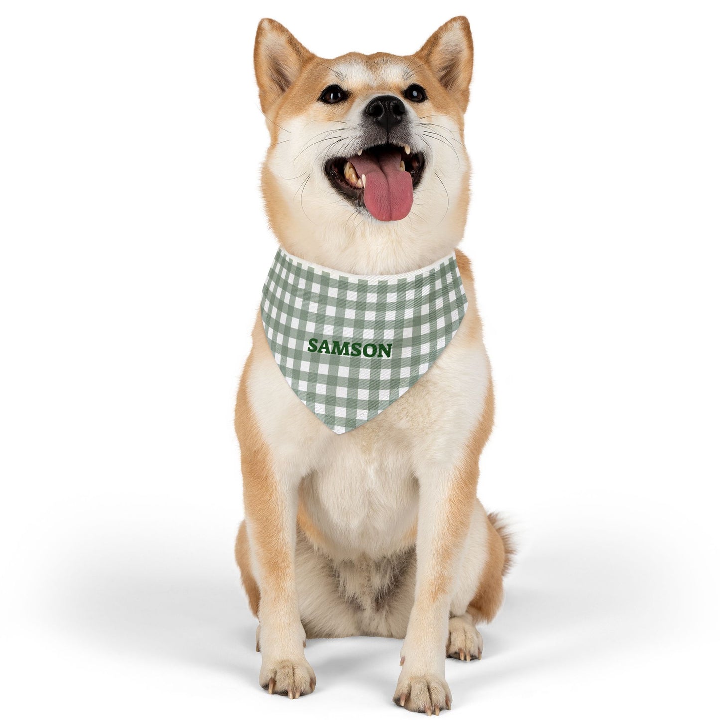 Personalized green gingham bandana collar for pets, featuring adjustable strap and stylish design by Printify.