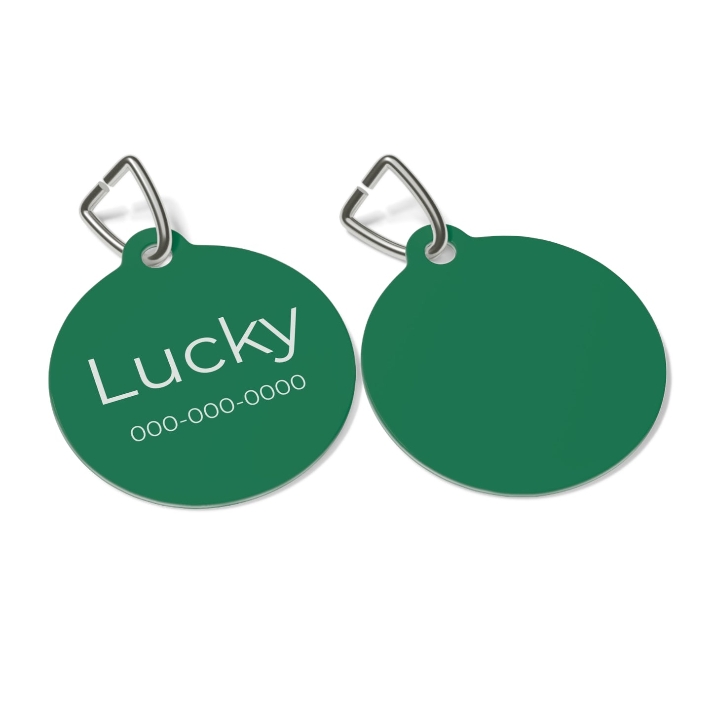 Green personalized pet ID tag with engraved details, designed for cats and dogs, by Printify.