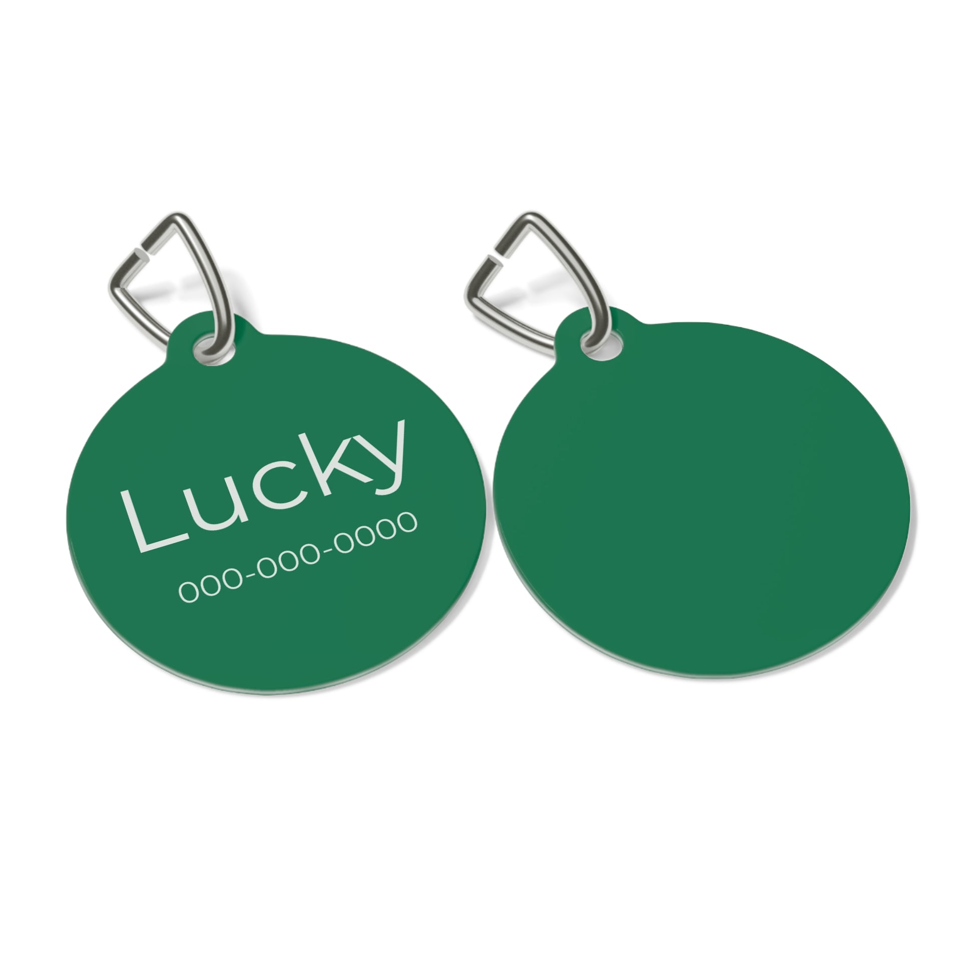 Green personalized pet ID tag with engraved details, designed for cats and dogs, by Printify.