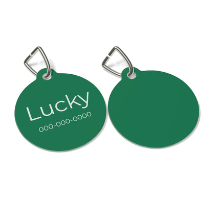 Green personalized pet ID tag with engraved details, designed for cats and dogs, by Printify.