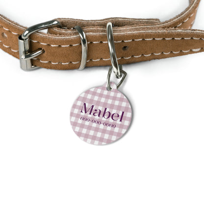 Personalized pet ID tag with lilac gingham pattern, featuring engraved customization for cats or dogs