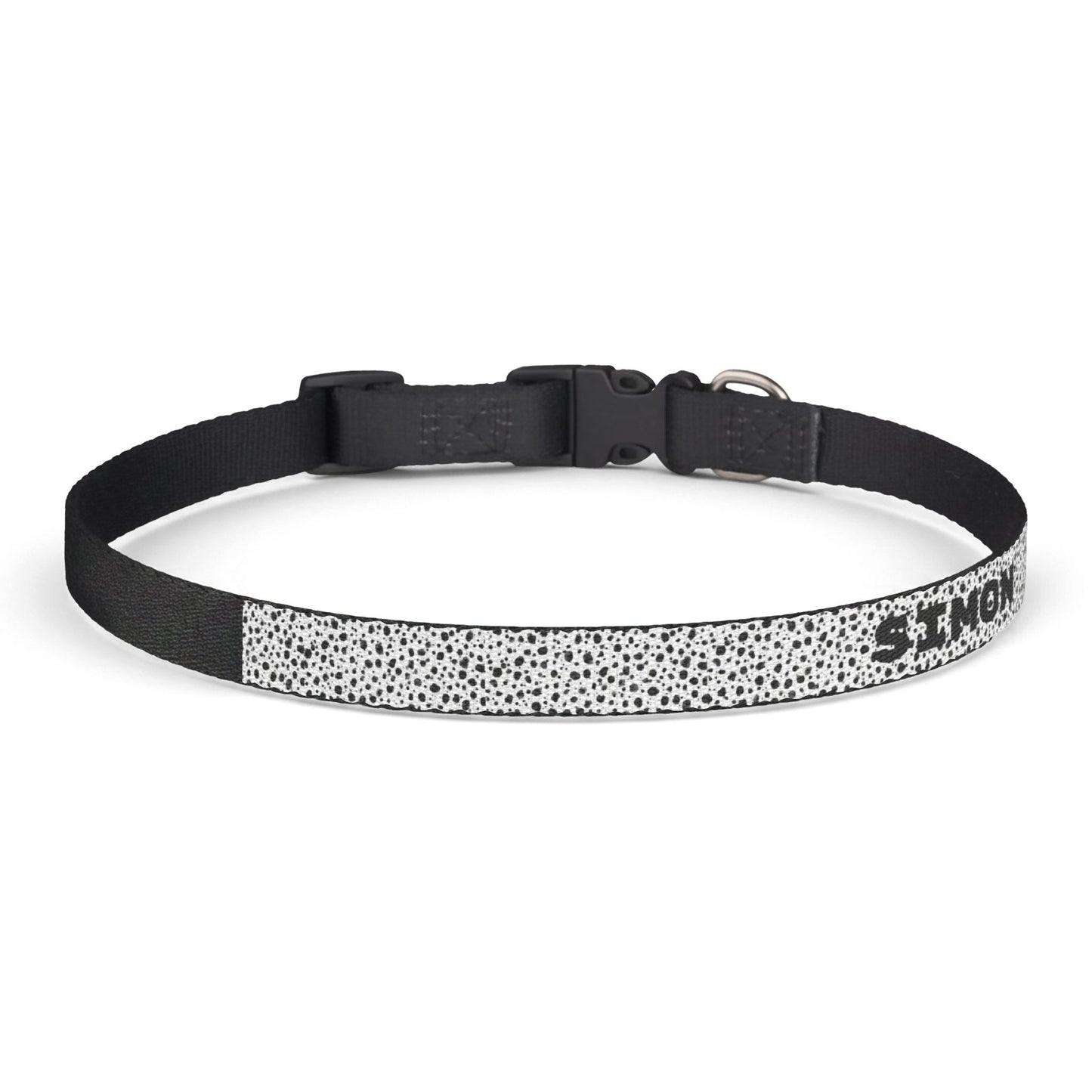 Personalized black and white pattern clip-on pet collar for dogs or cats, featuring adjustable design from Printify.