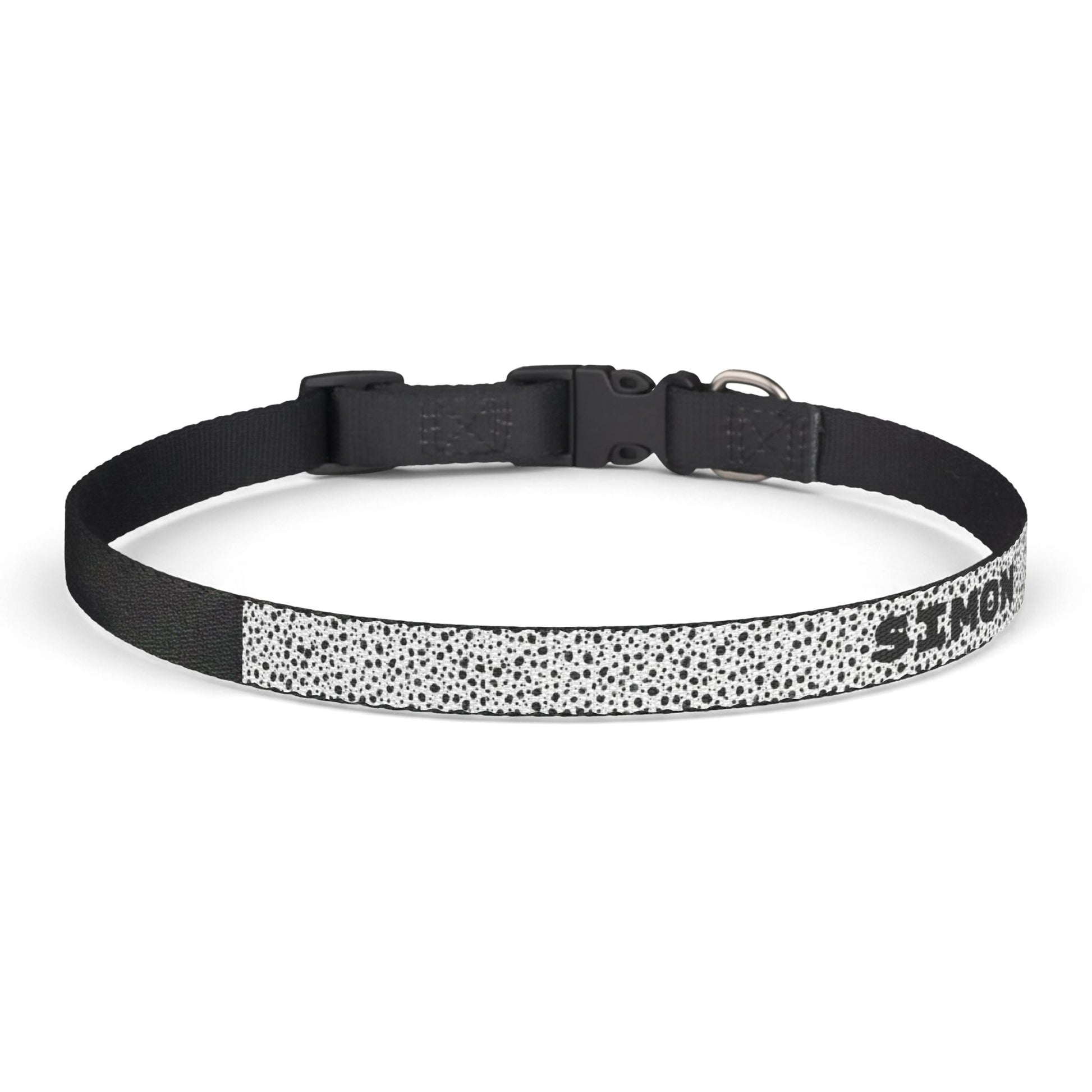 Personalized black and white pattern clip-on pet collar for dogs or cats, featuring adjustable design from Printify.