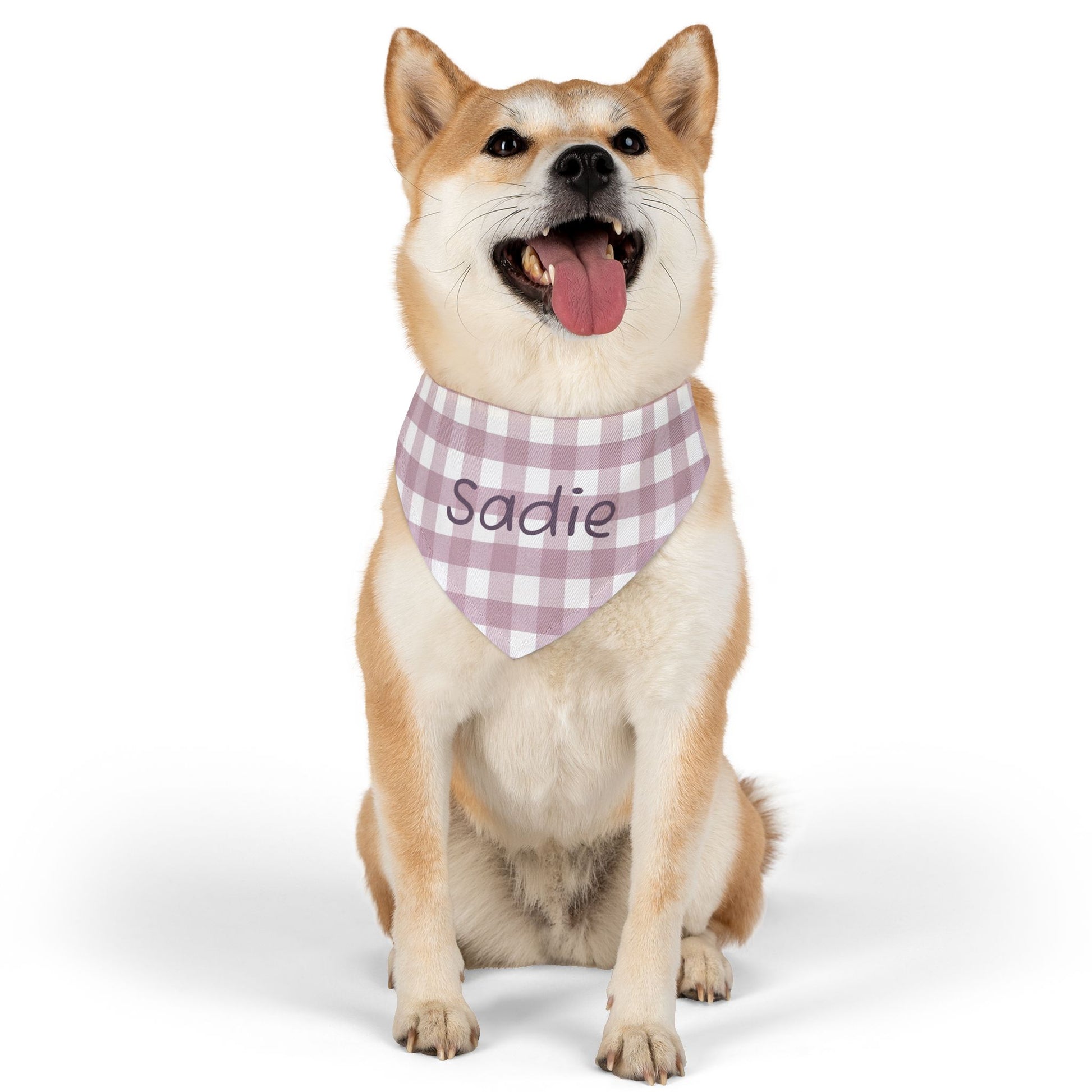 Pink gingham print personalized pet bandana collar for dogs, featuring customizable text and adjustable fit.