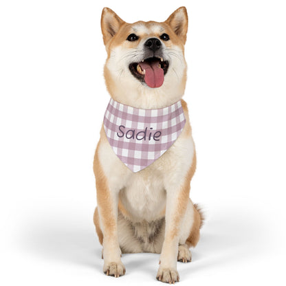 Pink gingham print personalized pet bandana collar for dogs, featuring customizable text and adjustable fit.