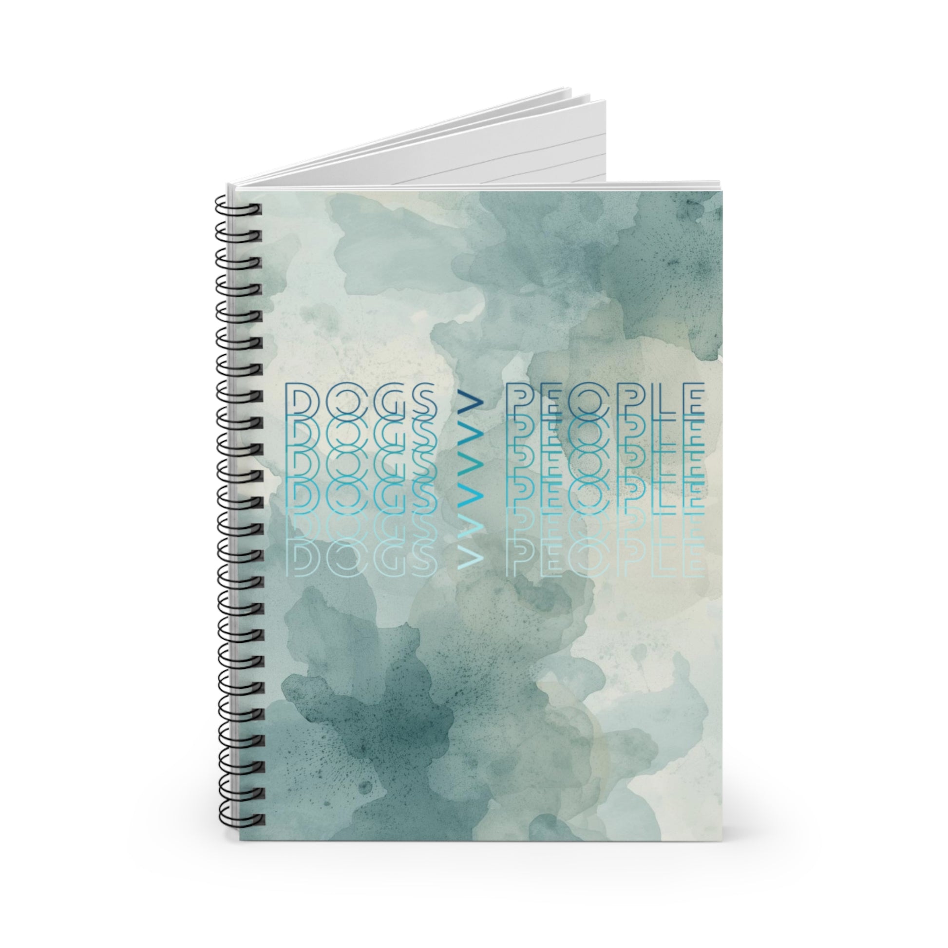 Spiral watercolor notebook with dog and people illustrations, ideal for journaling or sketching, by Printify.