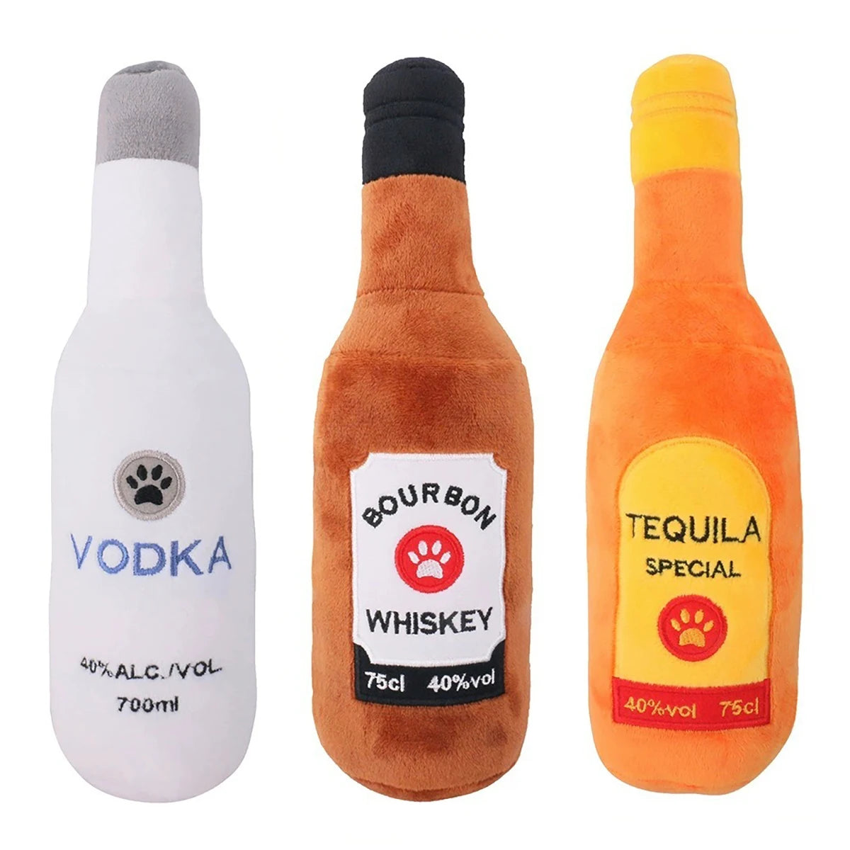 Soft plush dog chew toy shaped like an alcohol bottle with sound, designed for pet entertainment by Fetch & Feature.