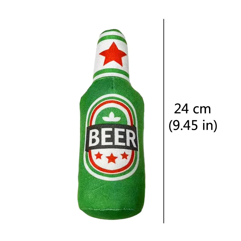 Fetch & Feature plush dog toy shaped like a beer bottle, squeaky and chewable for small and large dogs, promotes clean teeth and interactive play.