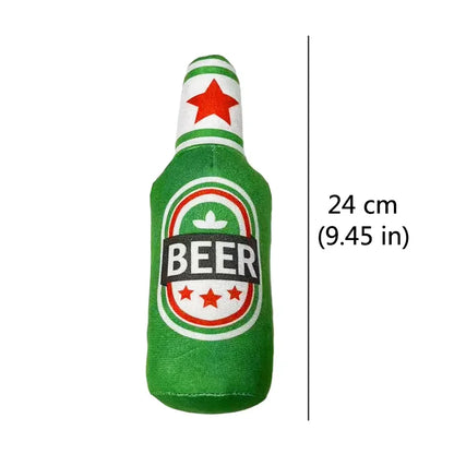 Fetch & Feature plush dog toy shaped like a beer bottle, squeaky and chewable for small and large dogs, promotes clean teeth and interactive play.