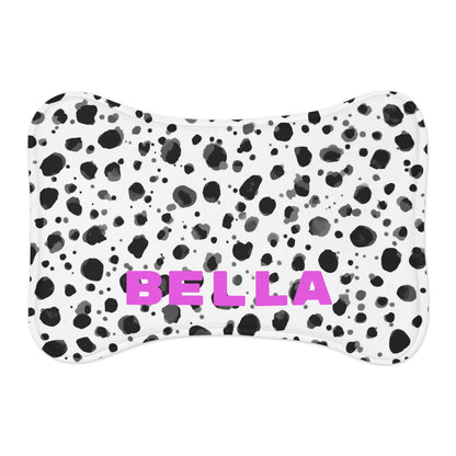 Personalized black and white speckled pet feeding mat with custom text, made for pets, by Printify.