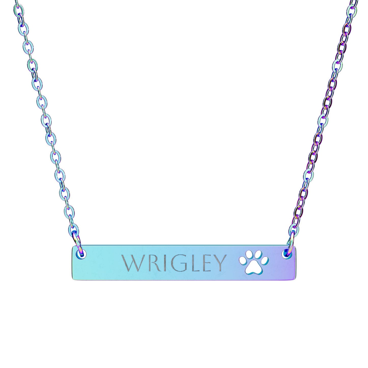 Personalized paw print cutout bar necklace with engraved pet name, stylish pet jewelry accessory.