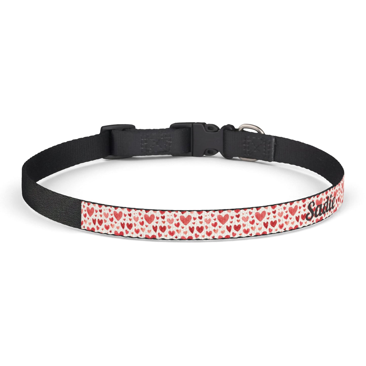 Personalized clip-on pet collar with a heart pattern, made by Printify, featuring colorful heart designs on a lightweight pet accessory.