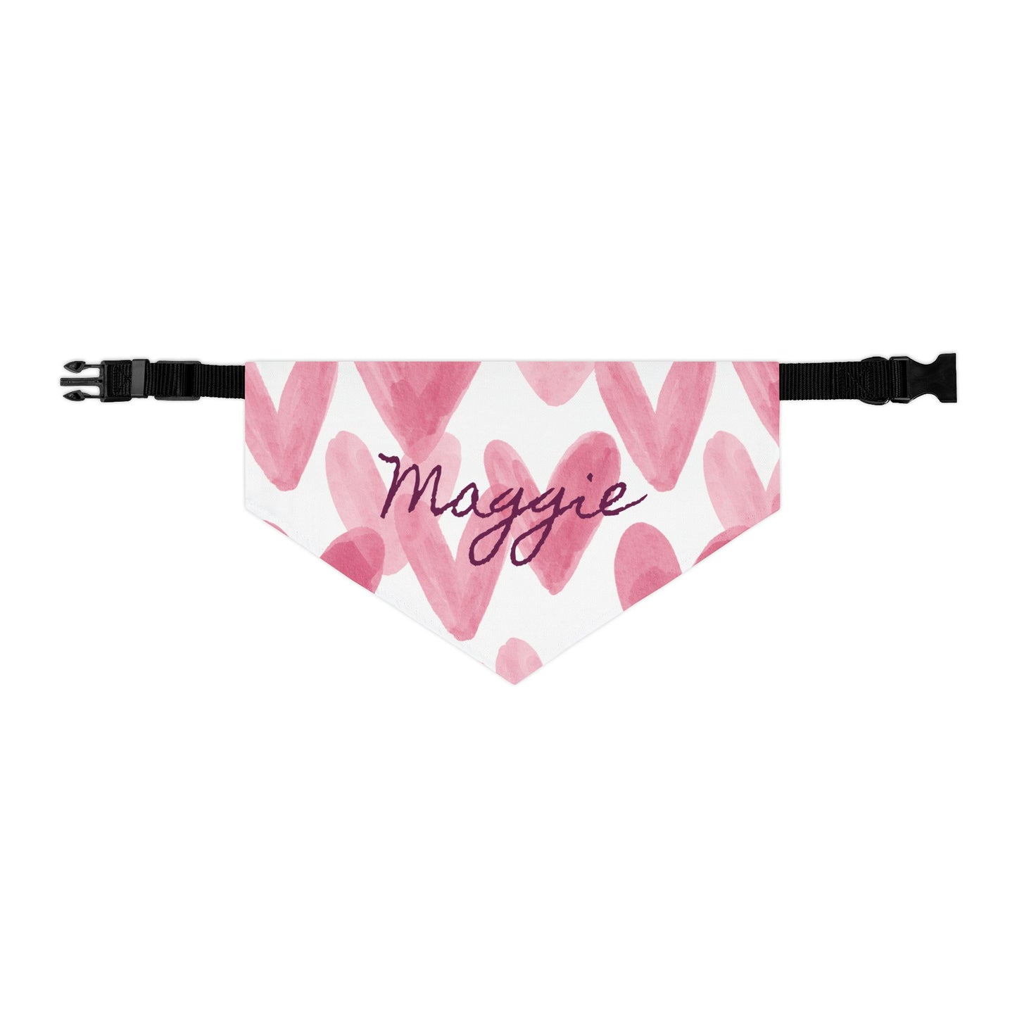 Personalized pet bandana collar with watercolor hearts design, suitable for dogs or cats, by Printify.