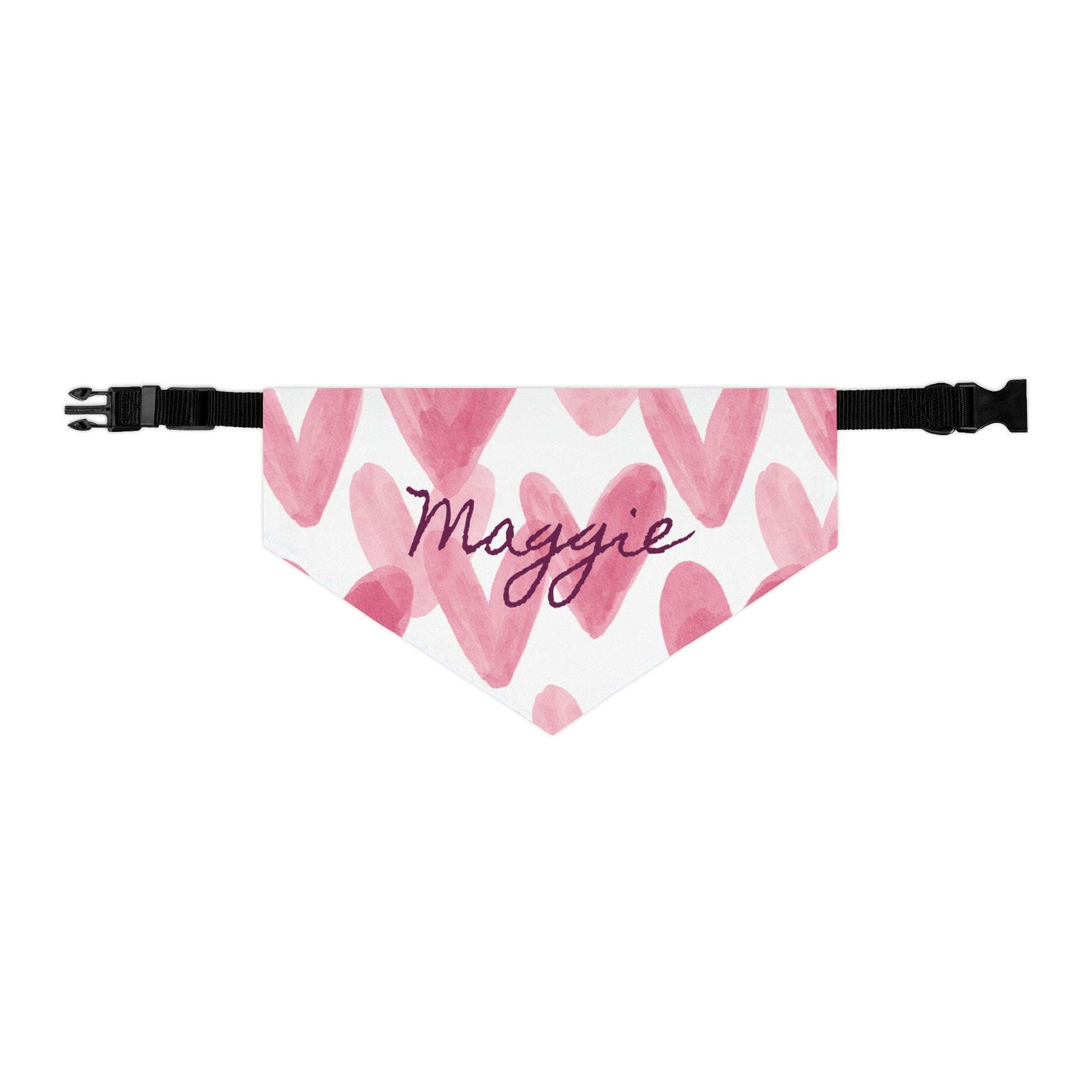 Personalized pet bandana collar with watercolor hearts design, suitable for dogs or cats, by Printify.