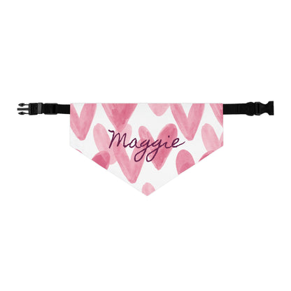 Personalized pet bandana collar with watercolor hearts design, suitable for dogs or cats, by Printify.