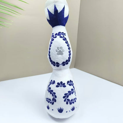 Colorful plush wine bottle-shaped talking pet toy for dogs and cats by Fetch & Feature, featuring vibrant enamel accents.
