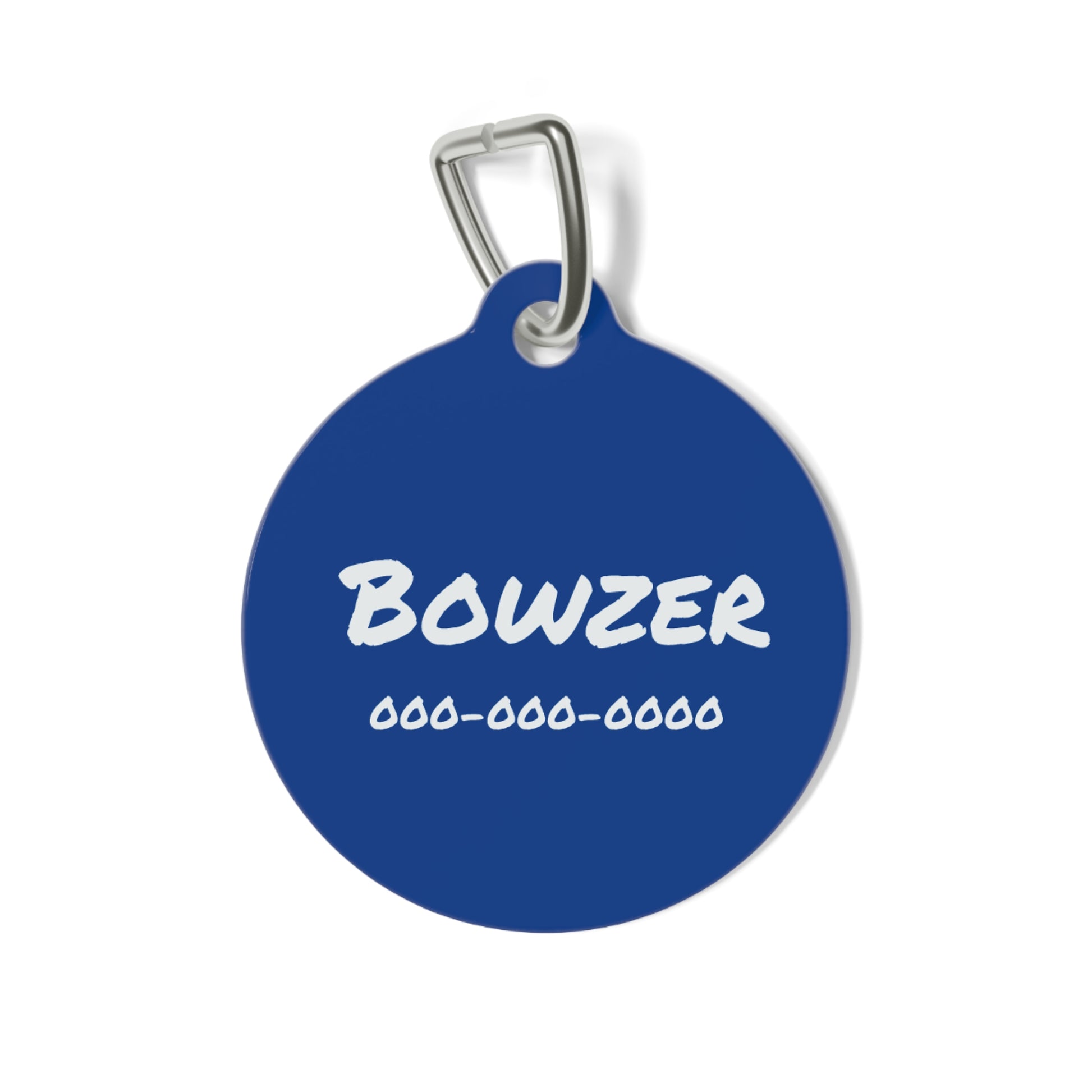 Blue personalized pet ID tag for dogs and cats, featuring custom engraving, from Printify.