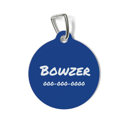 Blue personalized pet ID tag for dogs and cats, featuring custom engraving, from Printify.