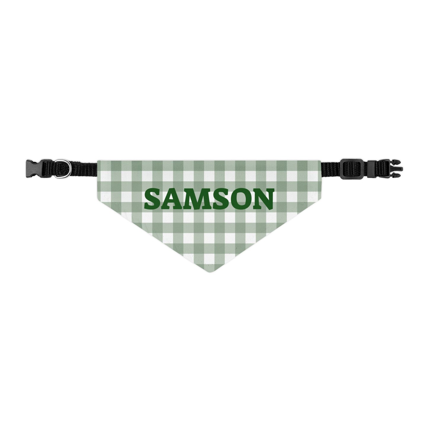 Personalized green gingham pet bandana collar with customizable text, made for dogs or cats, by Printify.