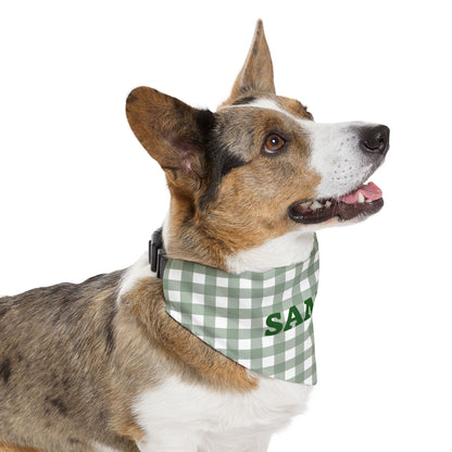 Personalized green gingham bandana collar for pets, featuring adjustable fit and stylish design.