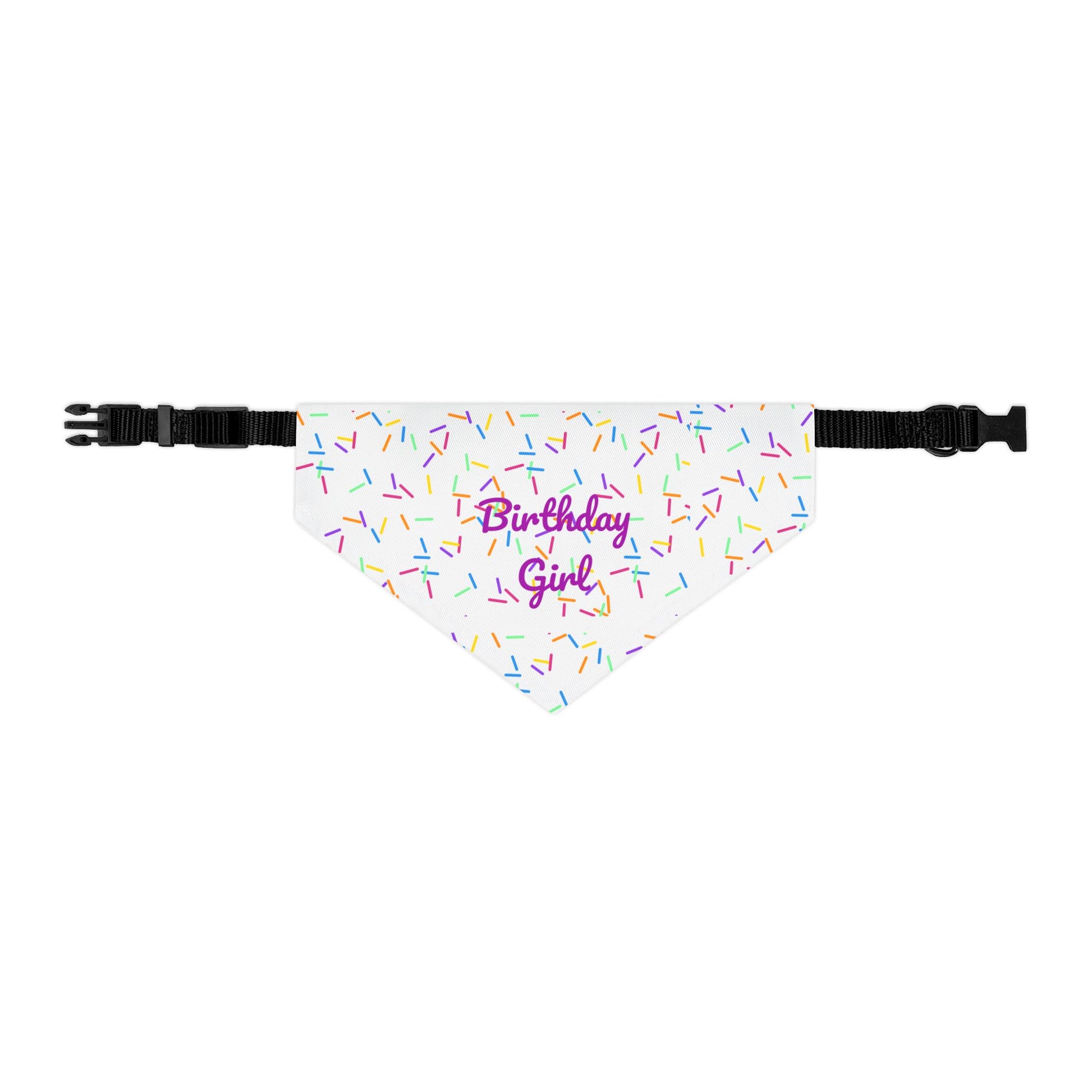 Pet bandana collar with "Birthday Girl" print, designed for pets, by Printify, featuring a colorful birthday-themed design.