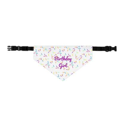 Pet bandana collar with "Birthday Girl" print, designed for pets, by Printify, featuring a colorful birthday-themed design.