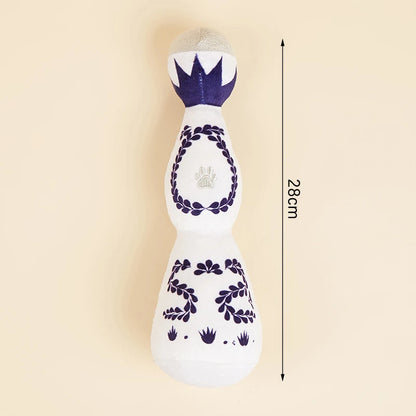 Colorful plush wine bottle-shaped talking dog and cat toy by Fetch & Feature, soft, vibrant pet plush toy with sound features.