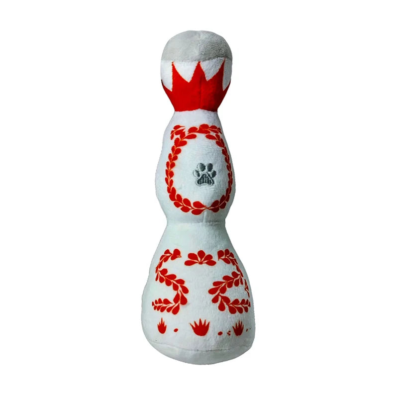 Colorful plush wine bottle-shaped talking toy for dogs and cats by Fetch & Feature, soft, vibrant, and interactive pet plush toy.